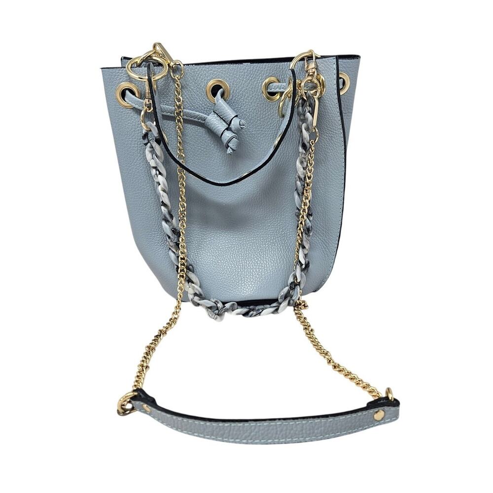 Italian Leather Light Gray Bucket Bag Chain Strap Detail Classic Preppy